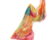 Hand Painted Silk Scarf with Flowers, Colorful, Spring Colors, Orange, Yellow Green
