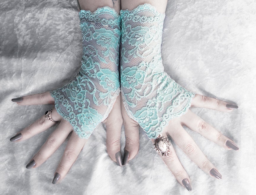 Tifara Lace Fingerless Gloves - Tiffany Blue Turquoise Teal Aqua Sea Green Floral - Gothic Vampire Regency Tribal Bellydance Goth Austen