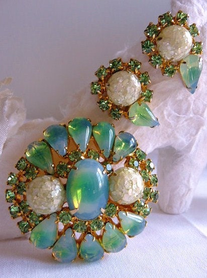 Unsigned vintage faux opal brooch and earrings