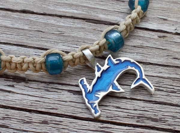 Hemp Choker Necklace With Pewter Hammerhead Shark Pendant Aqua Colors