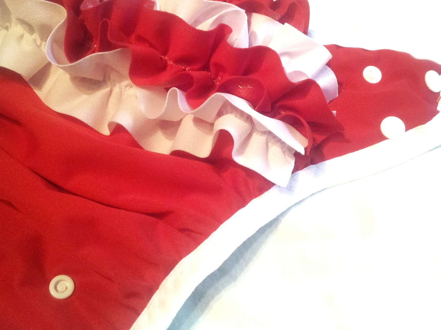 Ready to Ship, One Size Red and White Ruffle Bum PUL Pocket Diaper with Organic Bamboo Velour Inner