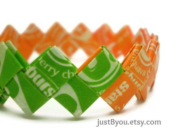 Starburst Recycled/Upcycled Candy Wrapper Bracelet in Orange & Green - CHILD SIZE
