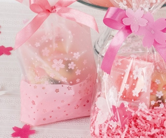 50 pcs Pink and White Sakura Cherry Blossom Floral Japanese Clear Gift Wrapping Bags - S