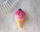 Amigurumi Ice Cream Brooch -  Pink Ice Cream with Fuchsia Topping