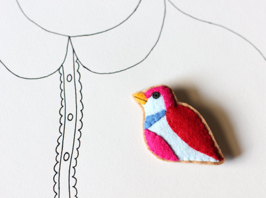 Bird Brooch Felt Pin - Colorful Red Pink Blue Colorblock