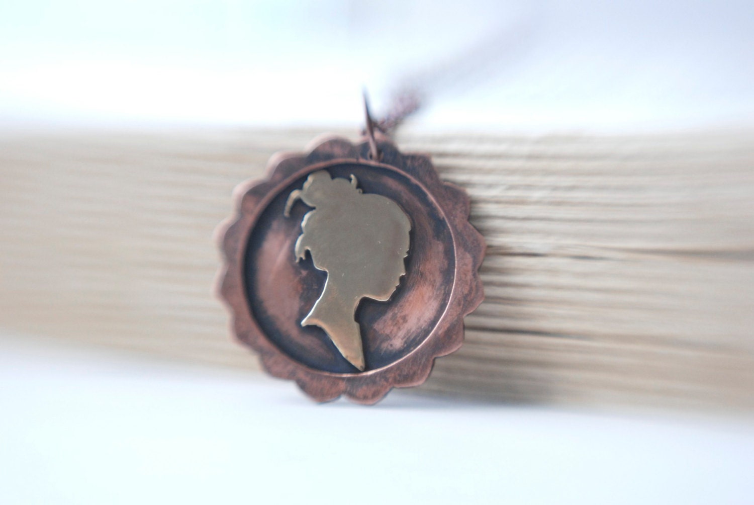 Personalized Silhouette Cameo Necklace Copper and Brass Metalwork Custom Handmade Valentines Gift