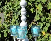 CANDLE CHANDELIER HOLDER  Oak  3 arm  Satin  White with Blue Glass Votives/Garden Decor/Beach Decor