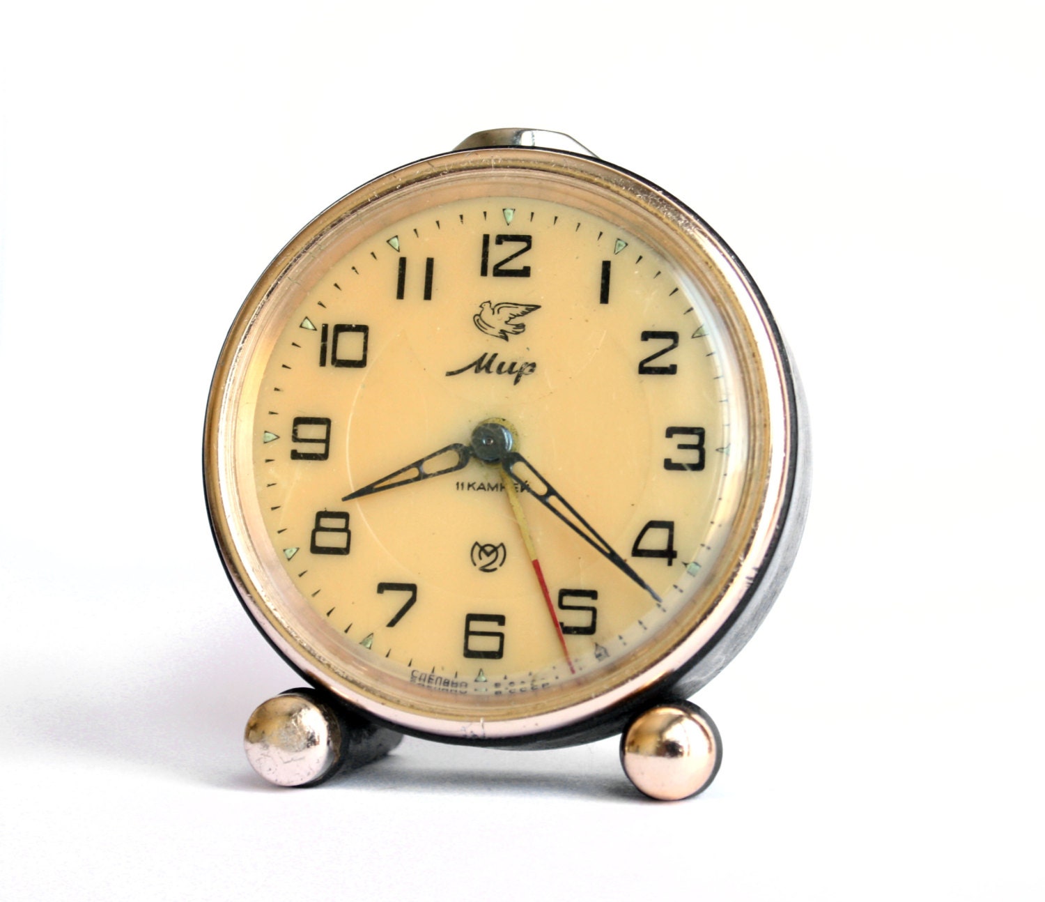 RARE Soviet Russian alarm clock Mir metal color clock, clock with bird Mir Peace from Russia Soviet Union