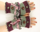 Knit fingerless gloves arm warmers fingerless mittens women grey wine purple tweed lace romantic victorian tagt team