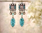 Nefertiti - Micro Mosaic Beaded Earrings, Egyptian, Art Deco, Elegant Tribal, Turquoise, Pale Pink, Pearl, Flower, Spring Summer Bohemian