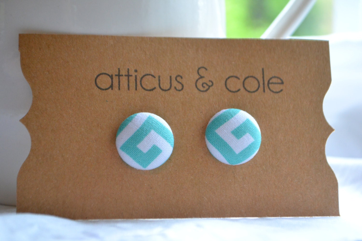 Medium Fabric Cover Button Earrings Blue & White Studs