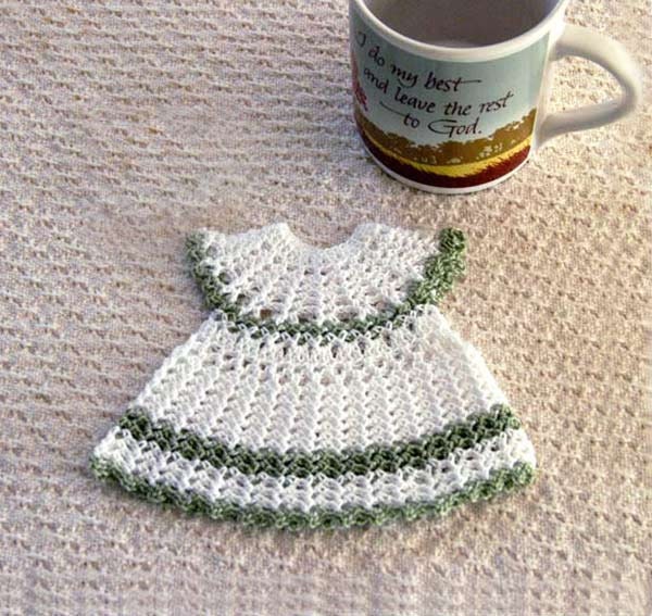 Coffee Mug Rug Crochet Coaster, Hot Pad, Pinafore Dress Design Mat, Handmade by NutmegCottage, Hostess Gift Idea