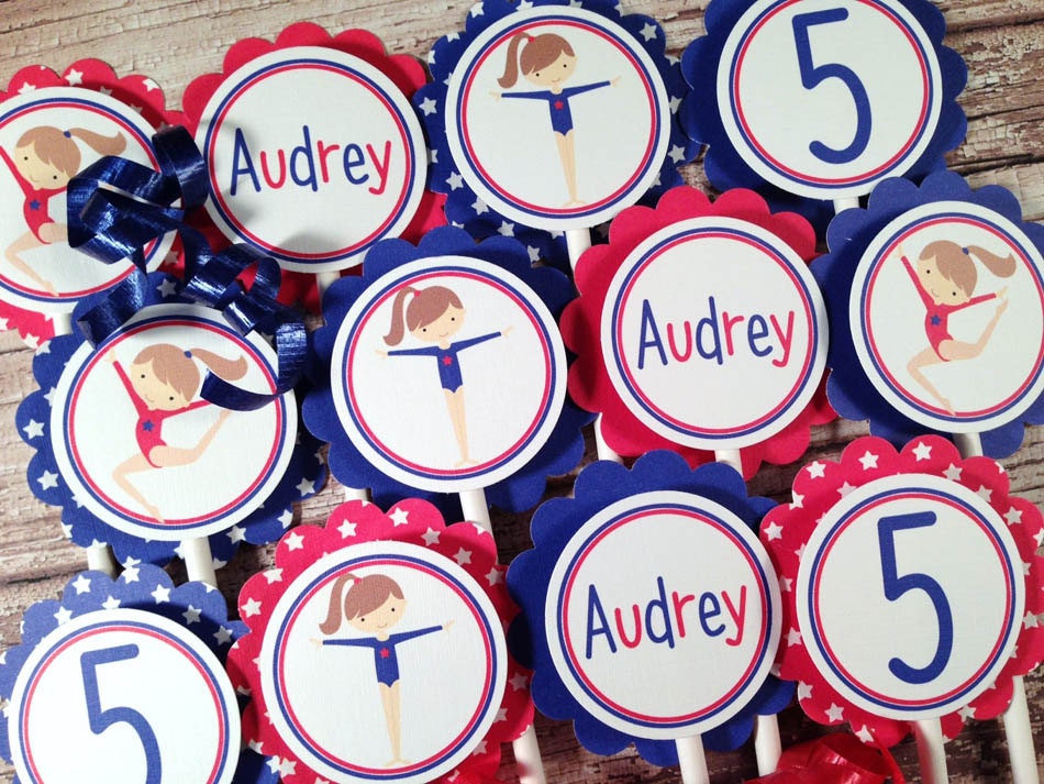 SET of 12 GYMNASTICS Cupcake Toppers for Girls : Gymnast, All American, Red White and Blue Il_170x135
