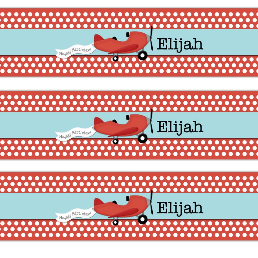 Airplane Water Bottle Label Birthday Party Digital File