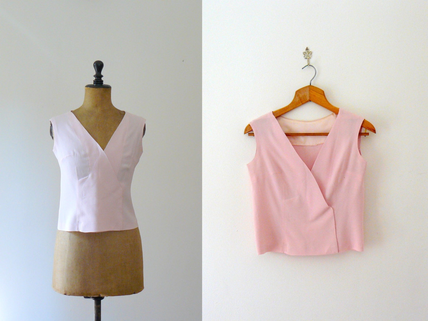 Vintage 1960s pink silk top. v neck tank top