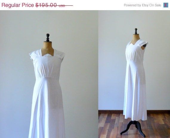 20% OFF SALE Vintage 1930s/40s wedding white eyelet cotton long dress w/ jacket. maxi gown. wedding bias cut dress set