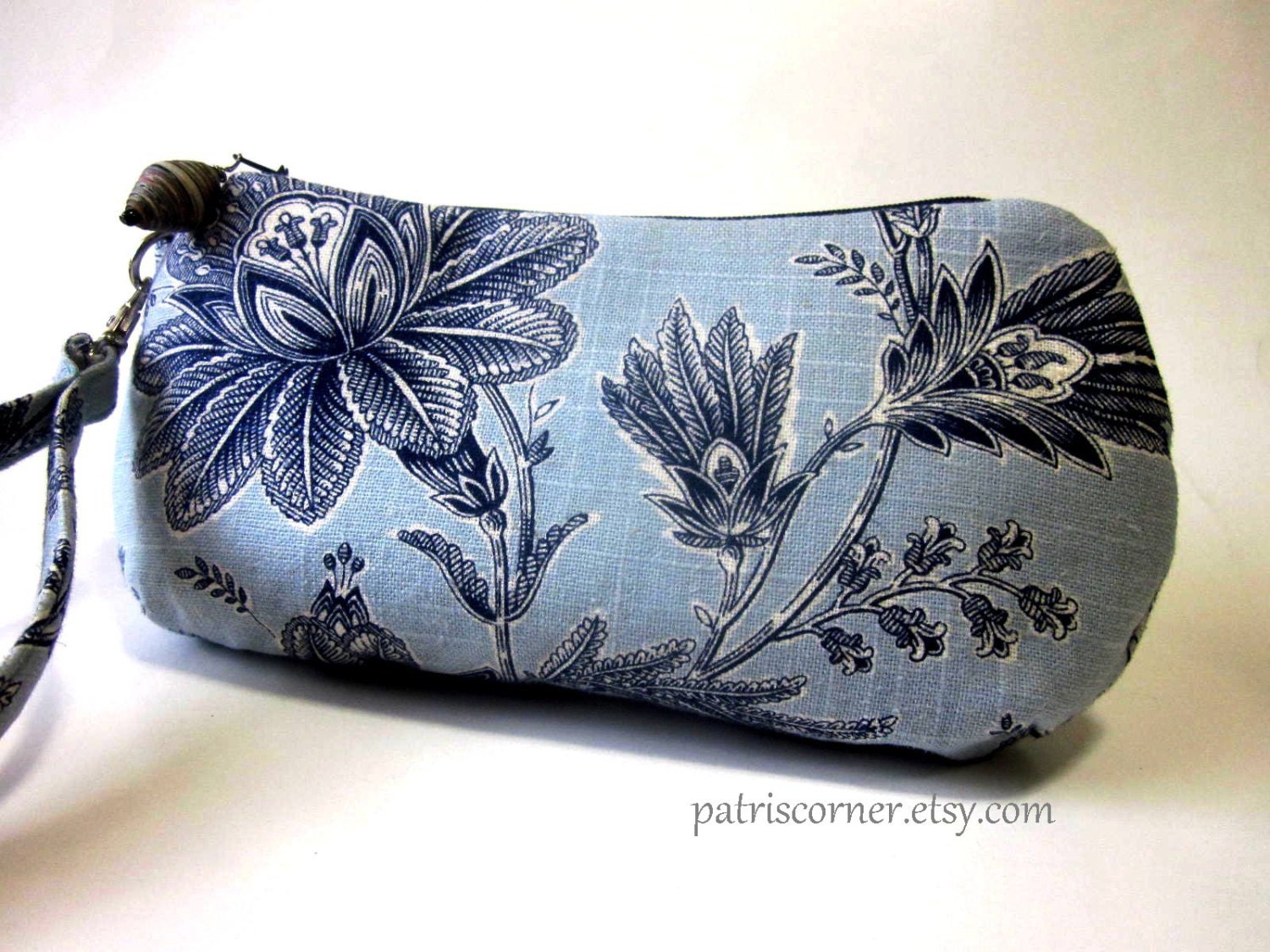Handmade vegan light blue wristlet with dark blue floral - Ready to ship