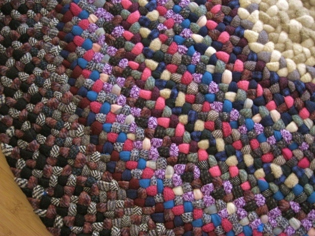 OOAK Round Vintage Wool Braided Rug in Fushia, Rumba Red, and Hyacinth Violet