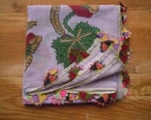 vintage turkish scarf, lilac, floral, multicolored flowers, needle lace edging