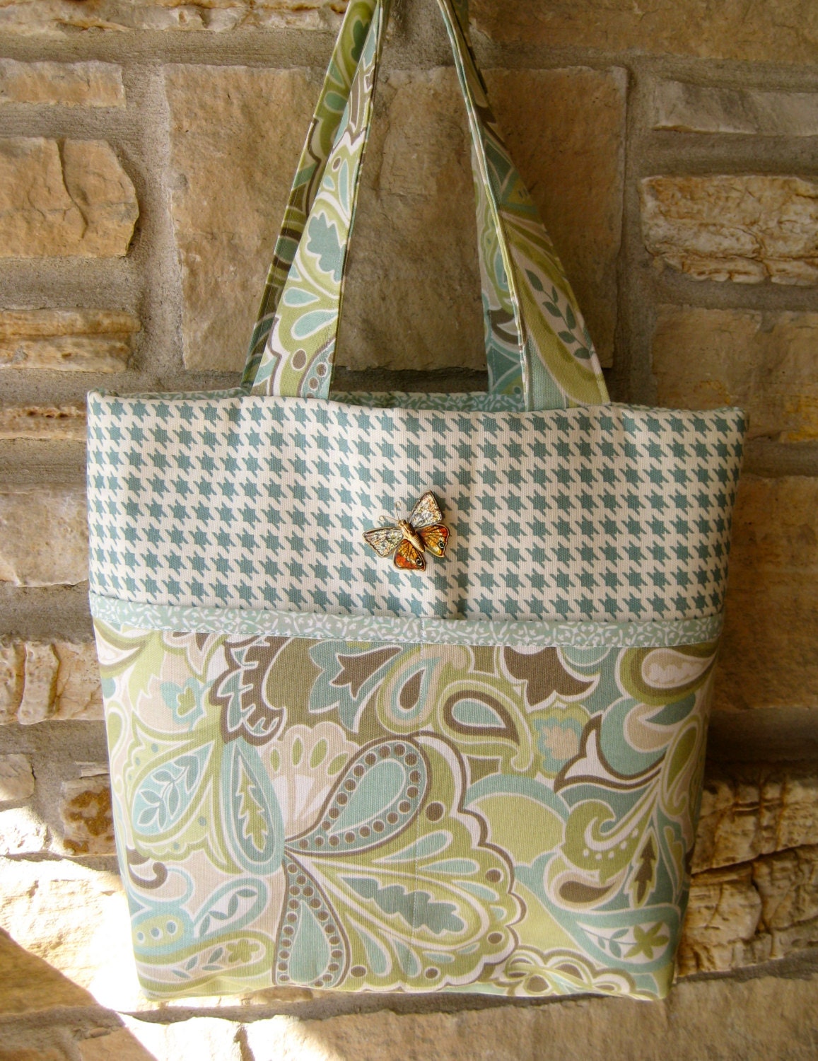 Summer Tote Bag -  Knitting Tote - Robins Egg Blue & Spring Green -  Shoulder Tote - Ready to Ship