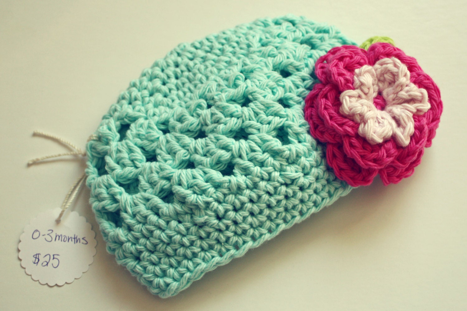 Light Teal Crochet Hat 0-3 Month Old Size Spring Summer Fall Cotton