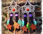 HIPPIE CHIC earrings SUMMER colors Western jewelry colorful sterling silver Festival Leather earrings Flower power
