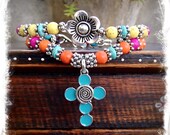 Turquoise CROSS BRACELET beaded Bracelet Religious bracelet Gypsy bracelet Spiritual jewelry Cowgirl bracelet Double strand Flower Colorful
