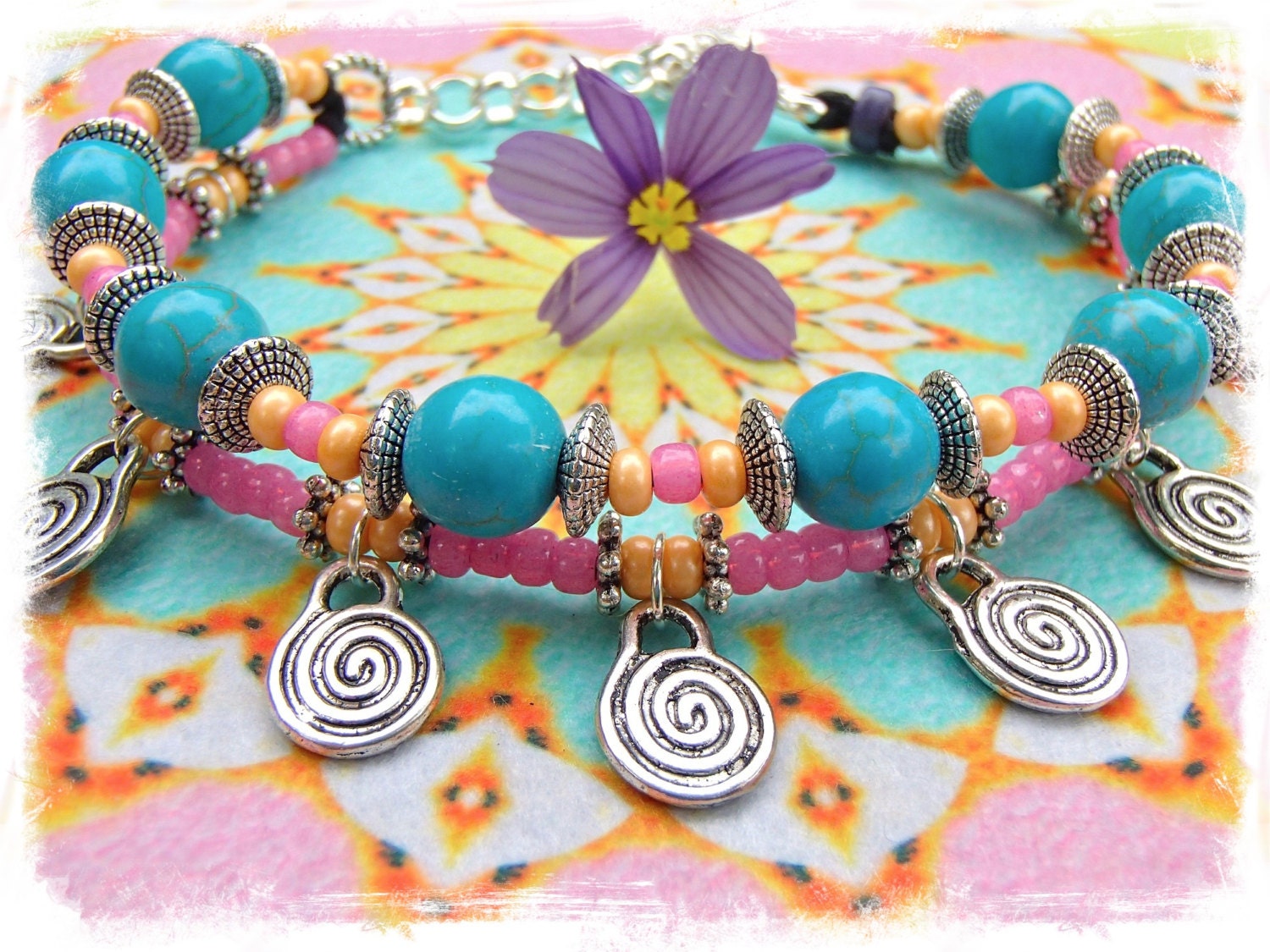Hawaii ANKLE Bracelet Summer sky BLUE anklet beaded Ankle Bracelet Howlite Boho jewelry Wedding foot jewelry Spirals Summer anklet Blue Pink
