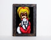Vintage 60s MOD Painting on Velvet Sad Eye Cat Poodle Portrait