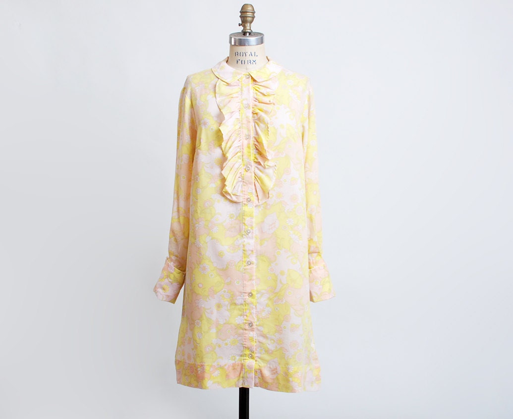 Vintage 60s MOD Floral Ruffle Tuxedo Shirt Dress
