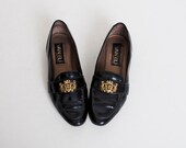 Size 7 Vintage 80s 90s Black Leather Gold Crest Loafers 37