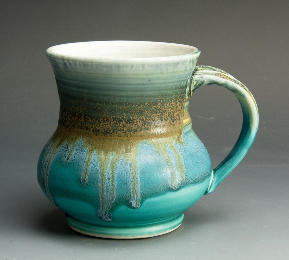Handmade porcelain coffee mug or tea cup turquoise, blue, old gold 1016