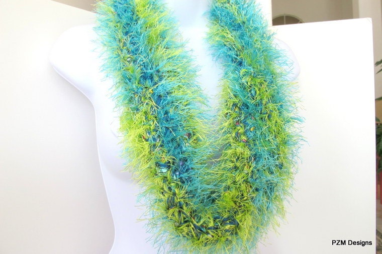 Crochet infinity scarf, chunky fur cowl, blue and green mobius neck warmer