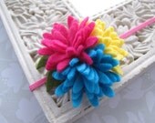 Basic Bright . elastic headband . felt flower cluster . toddler hair accessory . hot pink yellow turquoise