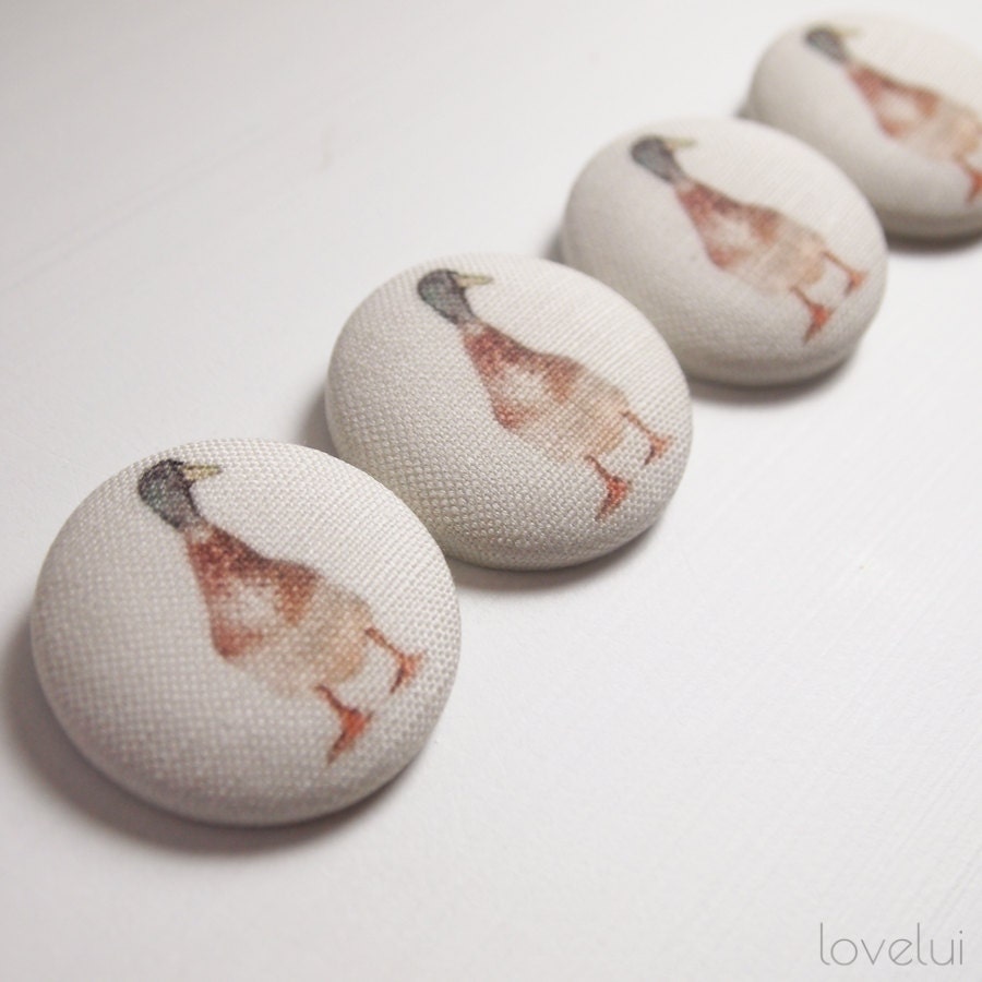 Linen Buttons Covered In Unique Duck Print 1.49inch (38mm) Set of 4 Ducks