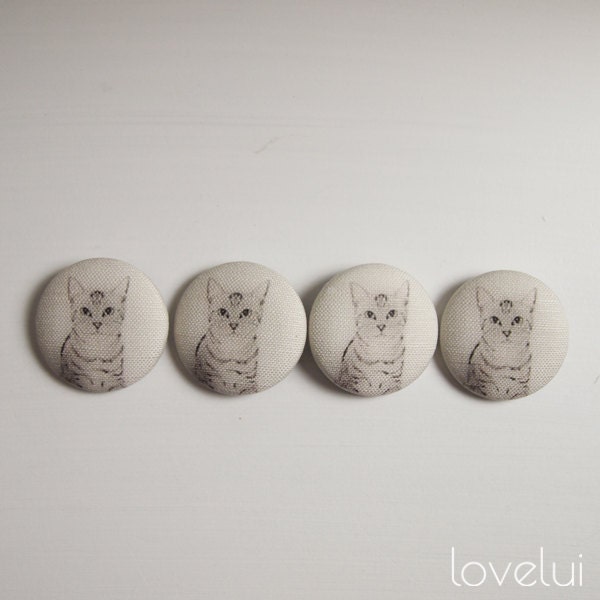 Linen Buttons Covered In Unique Cat Print 1.49inch (38mm) Set of 4 Cat