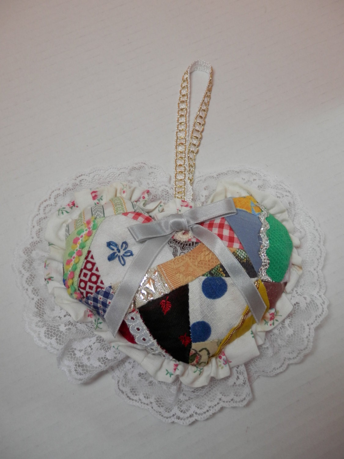 Doorknob Hanger Pillow Pincushion Small Heart Patchwork Lacy Novelty Ornament Country Cottage Shabby Chic Novelty Decor Sweet Notions Gift