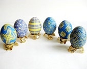 set of 6 chicken eggs in BLUE hues, Ukrainian Easter Eggs Pysanky