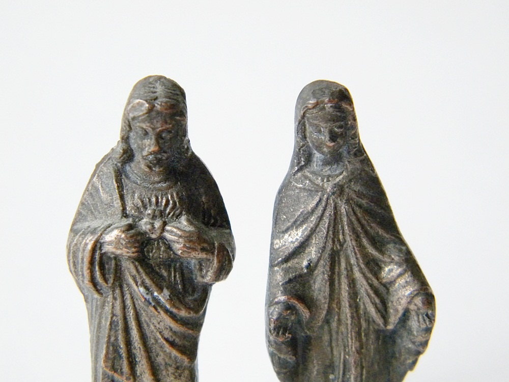 2 vintage french statues tiny Jesus sacred heart statue and Mary statue
