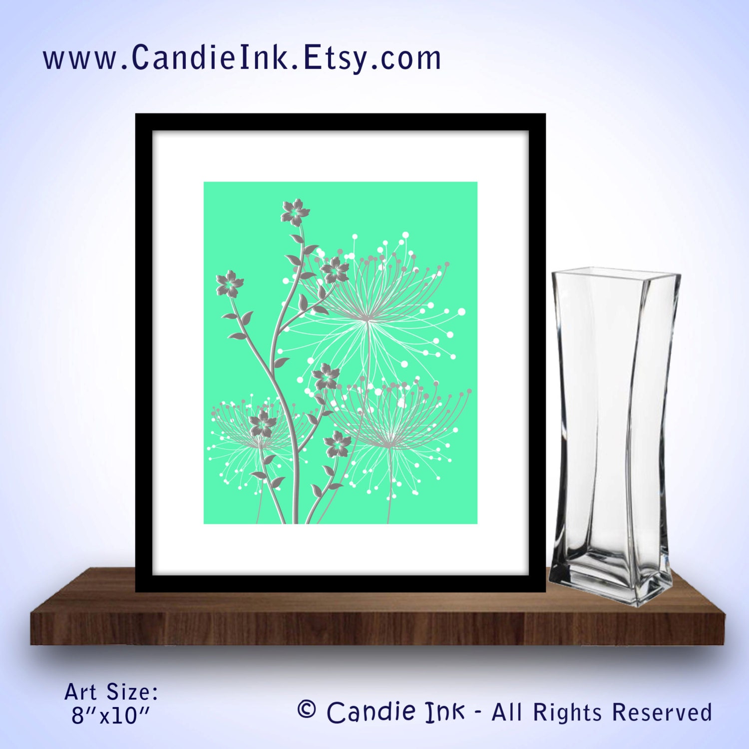 Flower Print, 8x10, Dandelions, Wall art, Mint, Grey, White, Custom Colors, Wall decor, Summer, Spring