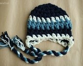 Baby Boy  Hat, Newborn Crochet Hat  in Navy, Blue and White with Earflap, Great for Photo Prop
