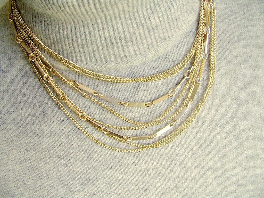 vintage 1950s Eloxal 8 strand gold tone multi texture chain choker necklace GERMANY
