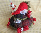 Hand Beaded Strawberry Vintage Wool Fabric 2 Tier Pin Cushion