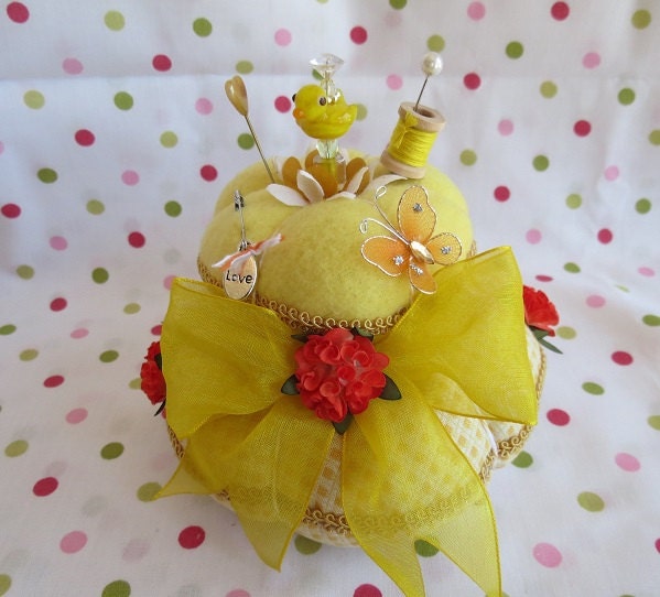 Ducky Yellow Plaid Yellow Fleece Orange Flowers 2 Tier Pin Cushion