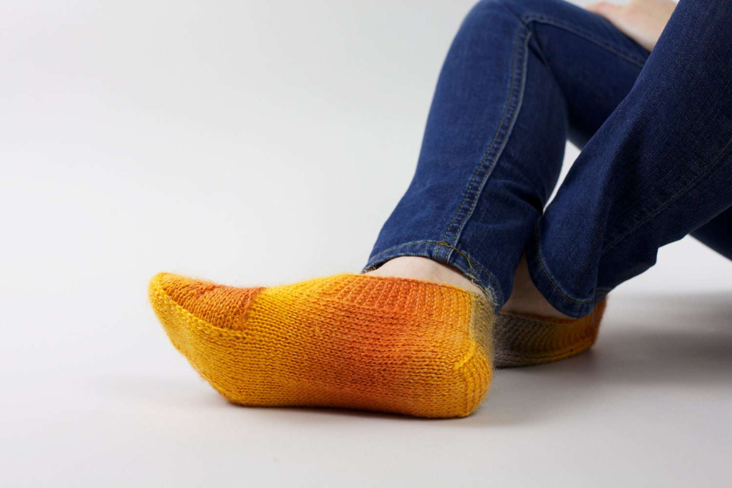 Hand knit yellow orange socks slippers for women