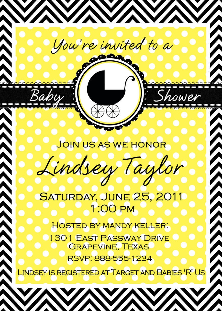 Digital Chevron Yellow and Black Custom Baby Shower Invitation with carriage Personalized for Boy or Girl YOU PRINT Invite