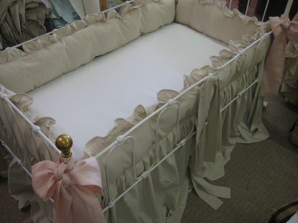 Classic Ruffled Crib Bedding-Natural Washed Cotton-Pair of Ballet Washed Linen Extra Long Sashes