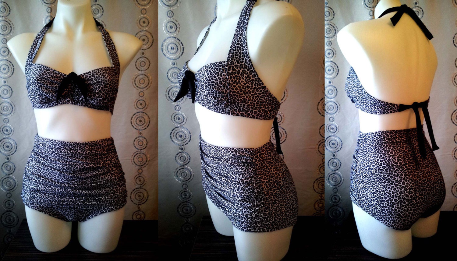 Grace Ruched front High Waist Bikini in Grey Leopard