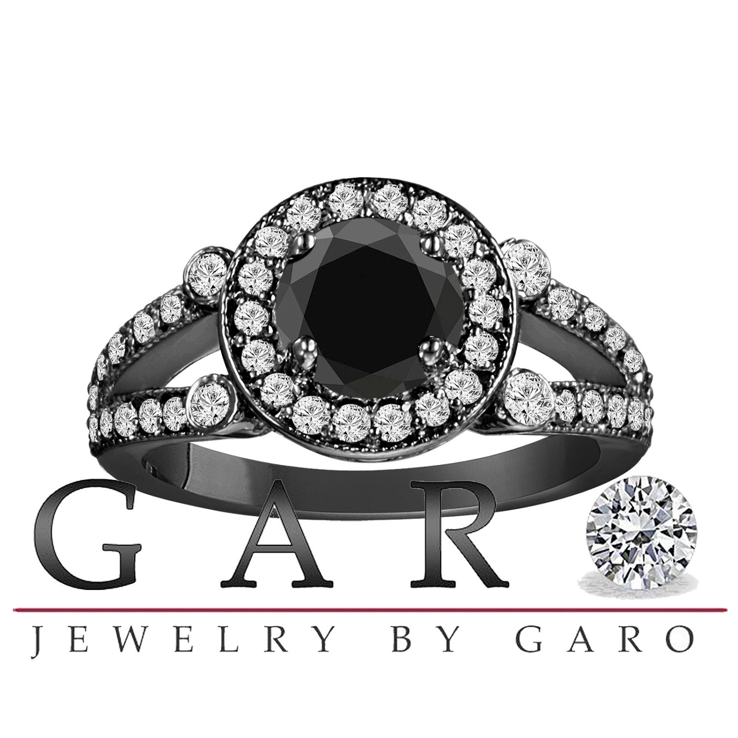 1.58 Carat Certified  Vintage Style 14k Black Gold Natural Black & White Diamond  Unique Halo Engagement Ring HandMade
