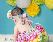 Hot pink, yellow, and lime polka dot all around ruffle bloomers diaper cover romper sunsuit for baby newborn infant toddler girl